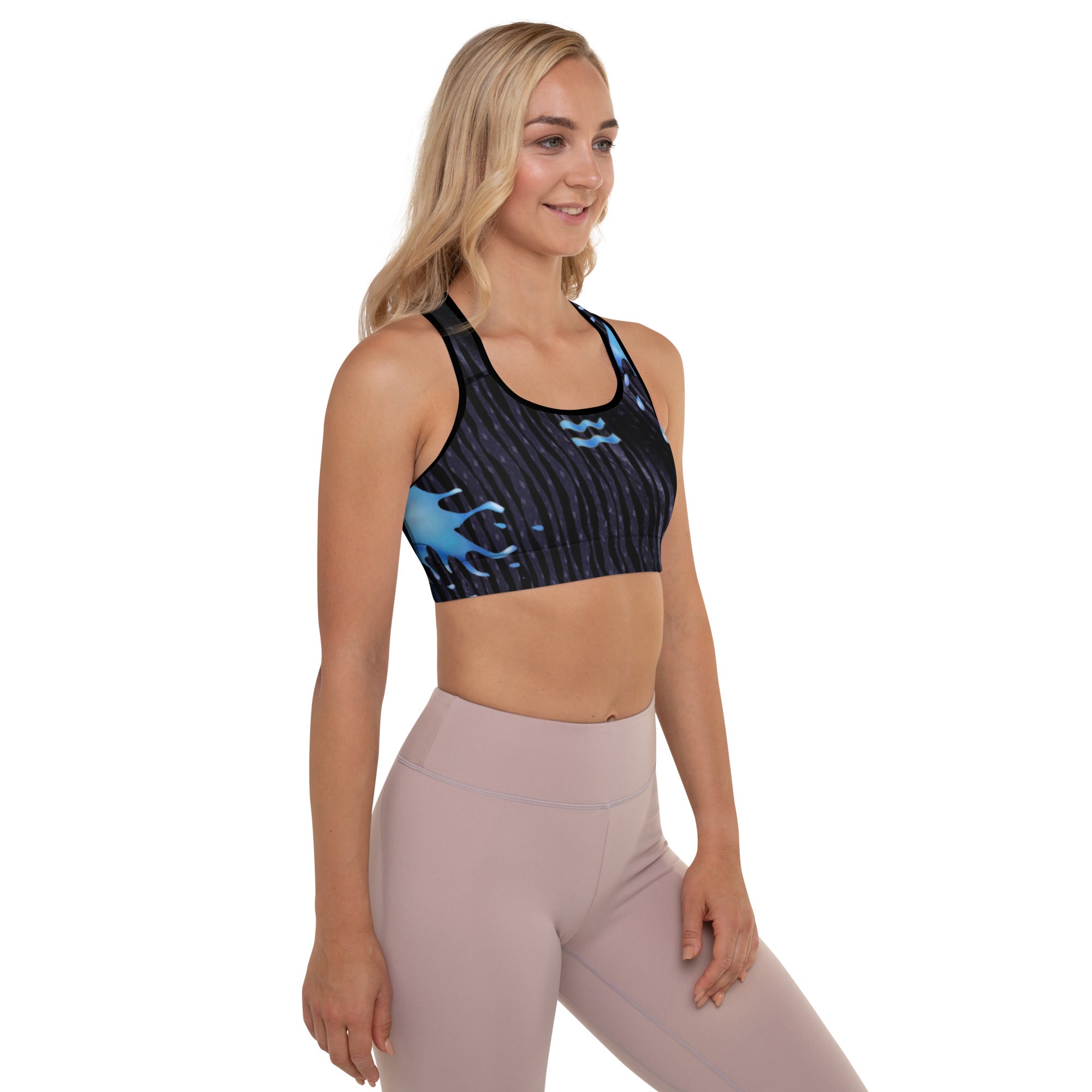 Black Sports Bra. Gym Top for Women. Workout Wear for Aquarians. "Cosmic Aqua" by WickedYo.